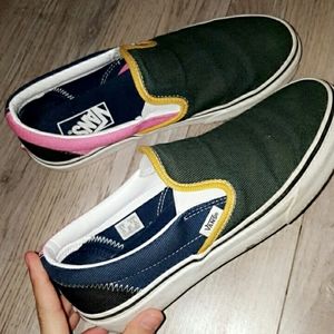 Blue, green, pink, yellow varsity vans